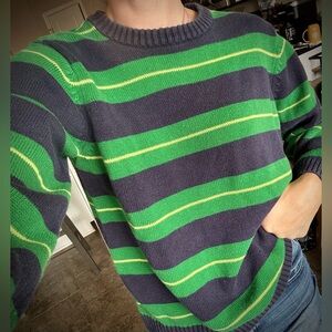 Vintage Crew Neck Striped Green Navy J. Khaki Sweater